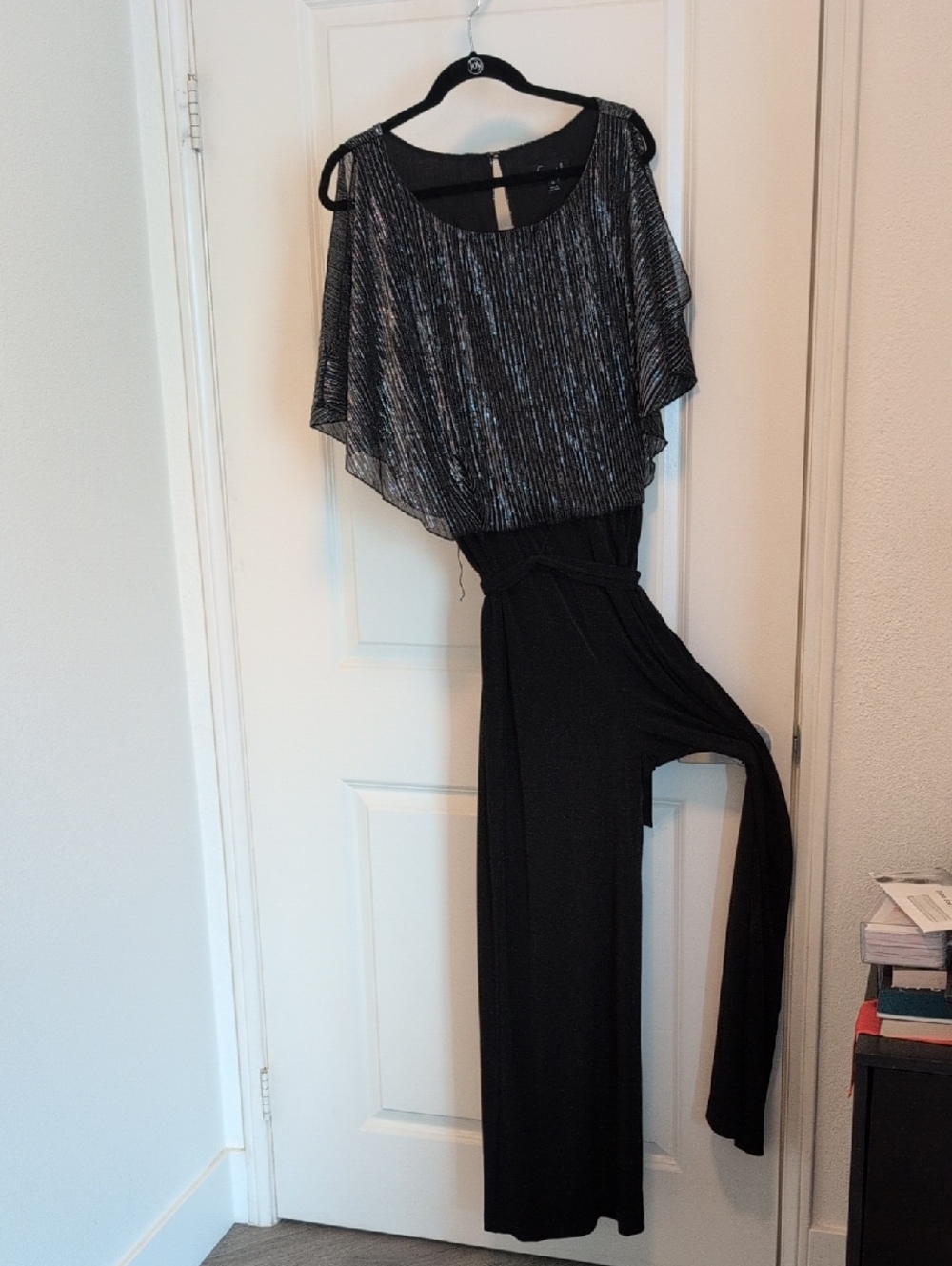 connected apparel Black Jumpsuit with Silver Metallic Overlay